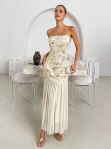 Lavishia Váy dự tiệc và ngày lễ thanh lịch màu vàng kem, thiết kế thêu hạt cườm và lưới chắp vá - Màu vàng - Xem 4