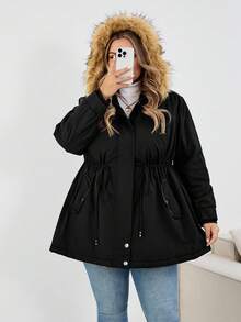 SHEIN CURVE+ 加大码，法兰绒，厚毛领，帽子，束腰棉夹克，黑色休闲女士棉夹克加大码冬季夹克加大码仿皮草夹克 8xl 女士夹克加大码连帽夹克加大码保暖夹克秋季/秋冬 - 黑色 - 查看 8