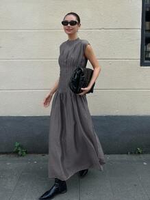 Ontre 2025 New Autumn Women's Elegant Solid Gray Waist Cinched Long Dress, Graceful Dress For Women, Outerwear, Business Casual Vacation Beach Birthday Party Outfit, Teacher Uniform, Office Wear