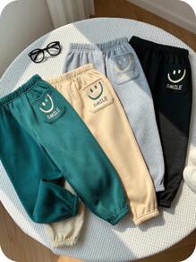 SHEIN 4条装男童休闲舒适百搭可爱印花保暖加厚运动裤，校服