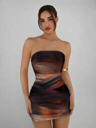 Aloruh Casual Elegant Sexy Abstract Pattern Brown Coffee Sexy Full Print Bandeau Bodycon Casual Summer Dress, Suitable For Summer, Vacation, Party Chic Dress,Party Dress