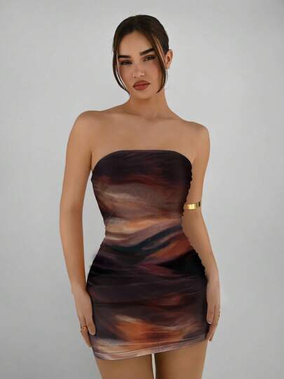 Aloruh Vestido casual, elegante y sexy de estampado abstracto marrón café, tipo bandeau y ajustado, apropiado para el verano, vacaciones y fiestas