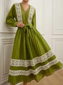 BELROSIE Green High-End Elegant V-Neck Tie Lace Patchwork French Retro Elegant Embellished Loose Midi Skirt Women 2 Pieces Set Fall Cloth For Women - Green - View 2