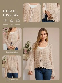 SHEIN Amorya 女士纯色条纹镂空袖轻薄棉质针织开衫，防晒外套，女士返校服装，音乐会返校节服装，女士办公室服装，教师服装，夜间外出教堂服装，女士早午餐服装，女士生日礼服，女士婚礼宾客礼服，女士秋冬服装 - 卡其色 - 查看 3