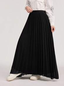 Veilorie 女士纯色日常百褶长裙 - 黑色 - 查看 3