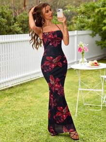 KARISMINA 女士深 V 领露背花卉印花度假修身连衣裙 - 彩色 - 查看 3