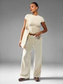 MISSGUIDED Knitted Wide Leg Pants With Scalloped Waistband Elegant Palazzo Lounge Wear Evening Fall Winter Bottoms Wave Design Contemporary Modern Design Casual - Apricot - View 5