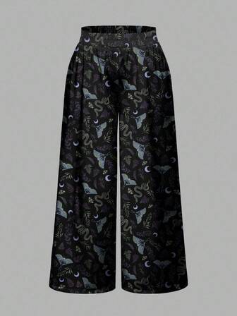 Plus Size Gothic Dark Moth, Plant, Snake, Moon Black Print Loose Wide Leg Pants, Halloween
