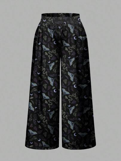 Goth Pantalones anchos y sueltos de talla grande con estampado negro de polilla gótica, planta, serpiente y luna, para Halloween