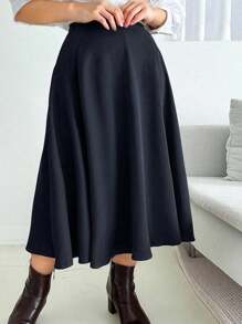 Dazy Plus 大码女式优雅A字长款休闲裙，纯色，四季秋季裙子 - 寶藍色 - 查看 8