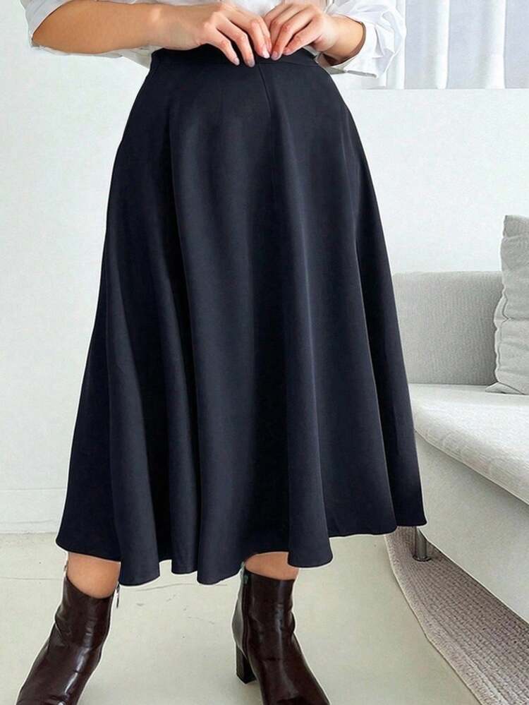Dazy Plus Plus Size Women Elegant A-Line Long Casual Skirt, Solid Color, All Season Fall Skirts