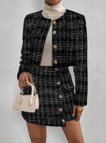 SHEIN Clasi Plaid Button Front Crop Jacket & Skirt Fall Cloth For Women - Black - View 3