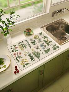 SHEIN 1 Stück Kräuter bedruckter Abtropfmatte, saugfähige Arbeitsplatte Matte für Küche, Badezimmer Waschtisch Abtropfmatte, Wasserdurchlässige Matte für Wasserhahn, Toilettenhocker Untersetzer, Toilette Spritzschutz Matte, Küchen- und Badezimmer Zubehör, geeignet als Abtropfmatte für Küche, Spüle, Tisch, Kaffeemaschine Tropfschale