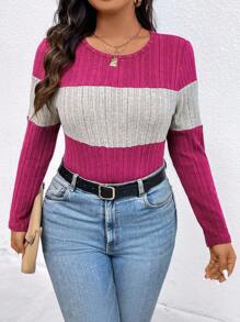EMERY ROSE Plus Size Contrast Color Round Neck Ribbed Long Sleeve Casual T-Shirt Graphic Tees Women Tops For Spring Fall - Multicolor - View 4