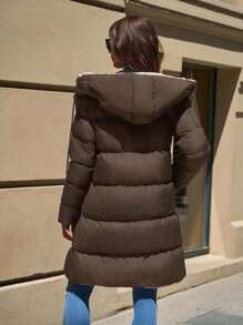EURMUSE Women's Two-Tone Hooded Pocket Zip-Up Mid-Length Winter Jacket - Mocha Brown - View 2