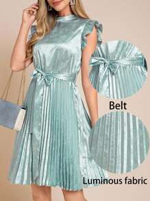 Amorya 女士新款时尚优雅束腰高端褶皱缎面提花中长连衣裙，适合度假、日常穿着、约会、下午茶和各种场合 - 藍色 - 查看 9