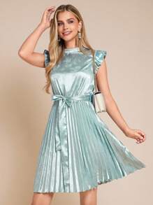 Amorya 女士新款时尚优雅束腰高端褶皱缎面提花中长连衣裙，适合度假、日常穿着、约会、下午茶和各种场合 - 藍色 - 查看 12