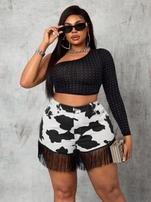 Slaydiva Quần short denim tua rua họa tiết bò cỡ lớn thời trang cá nhân hóa cho nữ phong cách Old Money thanh lịch mùa thu - Đen và trắng - Xem 5