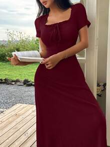 SHEIN Váy ngủ midi trơn cổ vuông thắt nút thời trang cho sự thoải mái thư giãn Váy mùa hè cho nữ Váy dài Váy mặc nhà Váy thường ngày cho nữ - Màu Đỏ Sâu - Xem 4