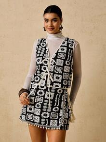 Travachic Plus Size Women's Black & White Retro Pattern 2 Pieces Set,Knitted Jacquard Vest Top & Wrap Skort,Boho Elegant Summer Holiday Vacation Outfits,Plaid - Black and White - View 2