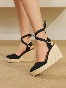 Styleloop 女士厚底坡跟凉鞋，黑色绒面革，夏季波西米亚风度假凉鞋，编织绳罗马沙滩凉鞋，交叉绑带设计，正装鞋，度假旅行必备单品 - 黑色 - 查看 4