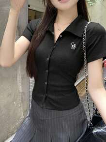 DAZY Women's Casual Versatile Front Button Polo Collar Short Sleeve T-Shirt, Summer - Black - View 5