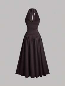 Sweetra Đầm Maxi Xòe Tay Halter Cổ Thấp Phối Ren Thời Trang Châu Âu Và Mỹ Cho Nữ, Phong Cách Mùa Hè, Thường Ngày, Kỳ Nghỉ - Cà phê nâu - Xem 2