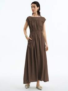 Aalyst 女士优雅简约高端休闲度假无袖连衣裙，褶皱分层设计，竹纤维面料，圆领，收腰，适合办公室、通勤、海滩、音乐节、春夏季 - 咖啡棕 - 查看 3