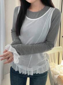 FRIFUL Camiseta de manga larga con cuello redondo, de tela de malla transparente con parches, con dobladillo fruncido, ajustada, para otoño - Gris - Ver 6