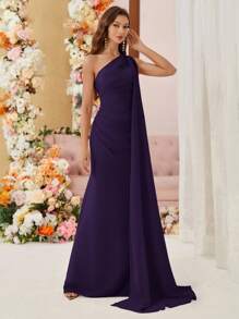 SHEIN Belle 不对称肩部和垂坠细节雪纺伴娘礼服（成人款） - 深紫色 - 查看 4