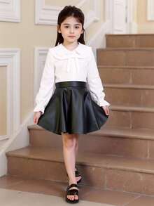 Set de 2 piezas de camisa casual de unicolor tejida y minifalda PU para niña joven - Blanco - Ver 3