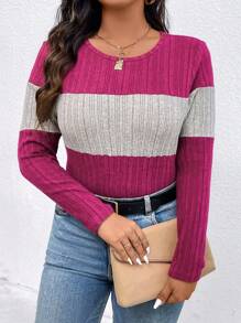 EMERY ROSE Plus Size Contrast Color Round Neck Ribbed Long Sleeve Casual T-Shirt Graphic Tees Women Tops For Spring Fall - Multicolor - View 7