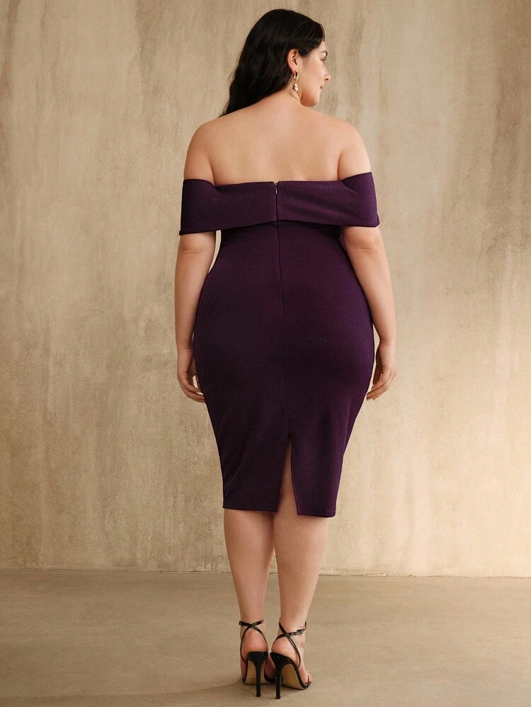 Plus Size Women's Romantic Elegant Fashion Off Shoulder Ruched Bodycon Mid-Length Dress, Purple