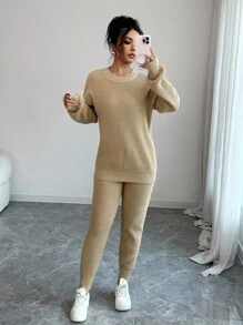 INAWLY 2 件套女士纯色圆领长袖毛衣和休闲裤套装 - 駝色 - 查看 4