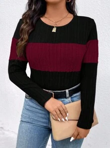 EMERY ROSE Plus Size Contrast Color Round Neck Ribbed Long Sleeve Casual T-Shirt Graphic Tees Women Tops For Spring Fall - Multicolor - View 6