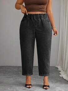 Elenzga Plus Size Simple Solid Color Casual Denim Jeans, Everyday Wear - Dark Grey - View 3