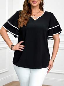 Miaspire Plus Size Solid Color Patchwork Short Sleeve Hollow Simple Casual Shirt,Suitable For Summer,Country Clothes Women,Summer Outfits For Women,Western Wear Women Tunic Top