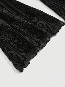 ROMWE Gothic Retro Castle Flocked Print Sheer Women's Flare Pants - Purple - View 3