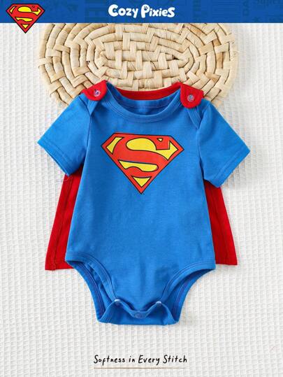 SUPERMAN X Cozy Pixies Newborn Baby Boy Graphic Round Neck Short Sleeve Bodysuit & Solid Color Cape 2pcs Set Baby Boy Superhero  Baby Boy Cartoon Clothes Baby Boy Character Clothes Baby Boy Superhero Bodysuit Baby Boy Character Bodysuit