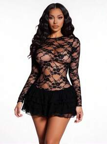 SHEIN SXY 女士性感优雅黑色蕾丝分层荷叶边紧身衣蛋糕裙 - 黑色 - 查看 9