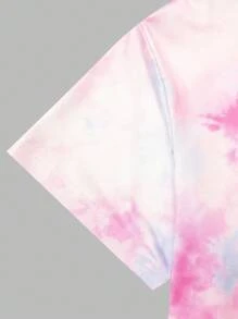 SHEIN Explorewe 2 件女童数码印花可爱卡通扎染针织上衣和裤子套装，舒适且适合休闲穿着、居家、海滩和各种场合 - 彩色 - 查看 6