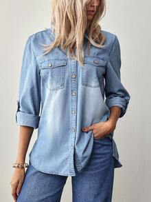 EMERY ROSE 女士 V 领单排扣下摆袖口休闲牛仔衬衫 - 淺色水洗藍 - 查看 4