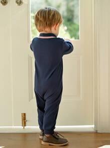 Souflis Souflis 1 Stück Minimalistischer Polokragen Rippstrick Langarm Jumpsuit für Säuglinge, Marineblau, Herbst/Winter Marineblauer Baby Jungen Jumpsuit Baby Jungen Jumpsuit Baby Jungen Kleidung Jungen Kleidung für Babys - Königsblau - Übersicht 3