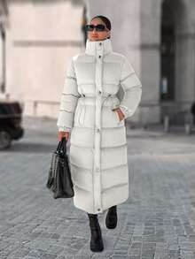 EURMUSE Zip Up Drawstring Waist Long Padded Coat - Cream - View 3