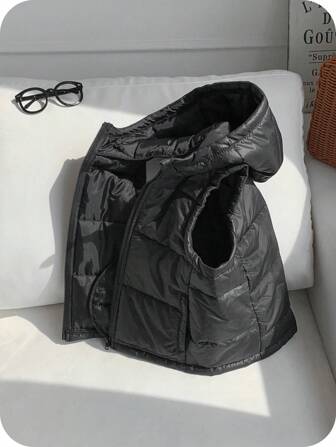 SHEIN Young Boys' Casual Comfortable Solid Color Sleeveless Hooded Thick Quilted Coat, Suitable For Outdoor Winter Wear Fall