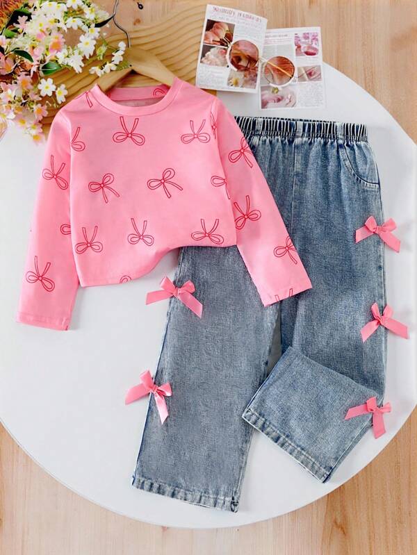 Genkimix Kids Girls' Casual Cute Round Neck Raglan Sleeve Loose Cropped Butterfly Print T-Shirt And Elastic Waist Straight Loose Jeans Pants With 3D Bow Design, Back To School Outfit, All Season Fall Winter