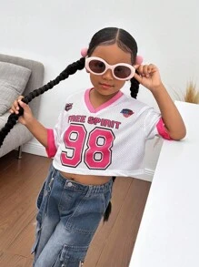 年轻女孩V领针织数字图案休闲短款T恤 - 白色 - 查看 1