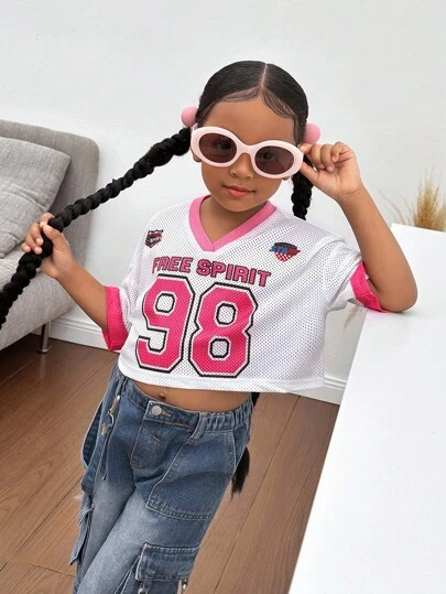 年轻女孩V领针织数字图案休闲短款T恤