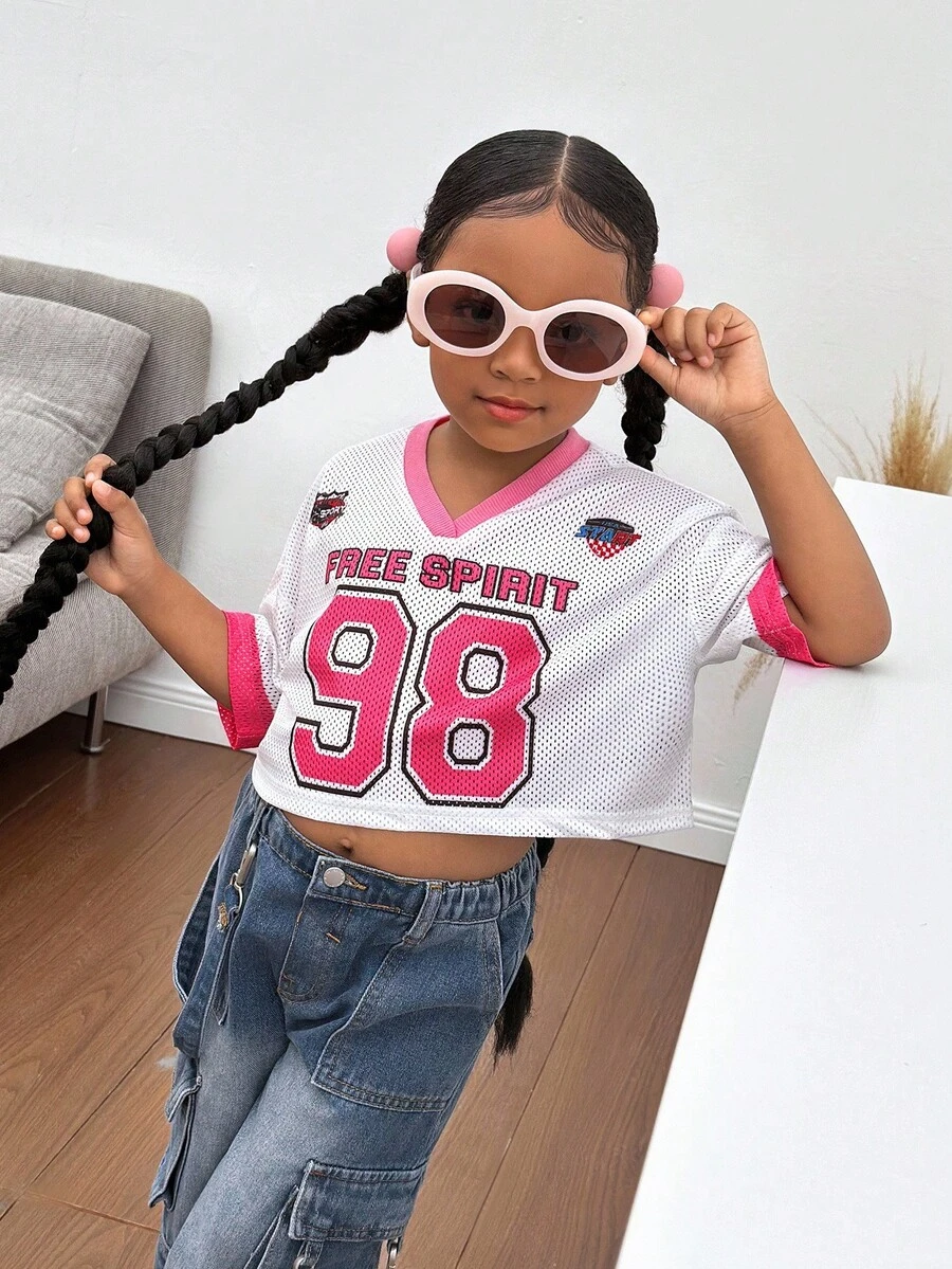 年轻女孩V领针织数字图案休闲短款T恤 - 白色 - 查看 1