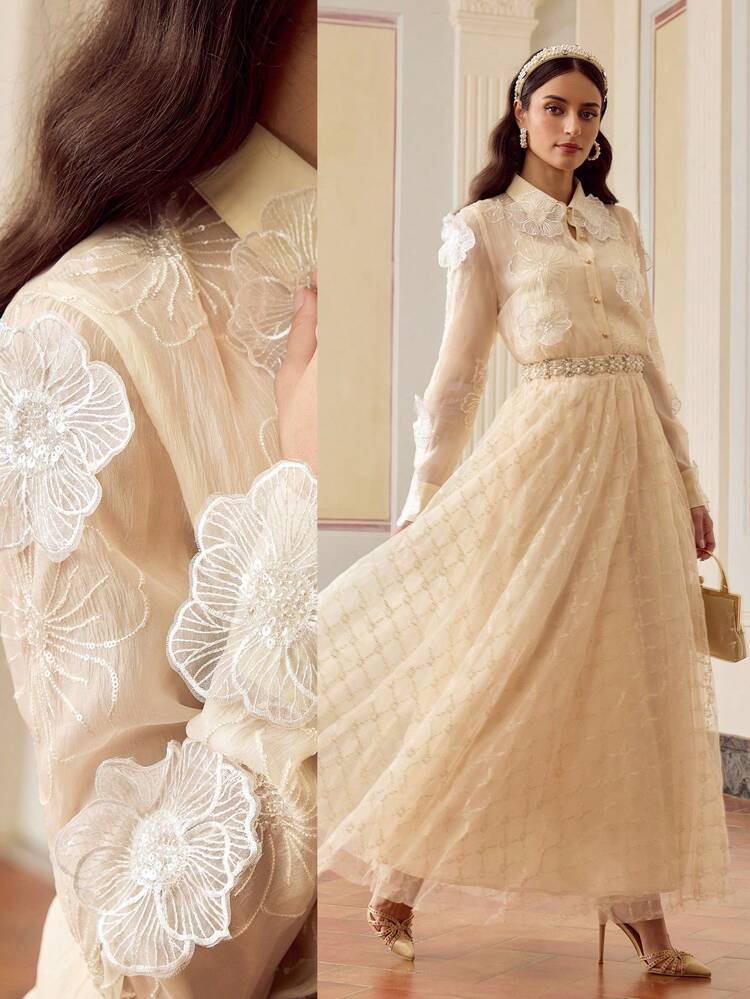 ZEYLAH Organza High-End Solid Floral 3D Embroidery Sequin Decorated Blouse